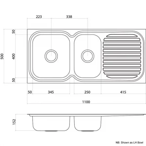 radiant sink 1100 1 75 right hand bowl 1th r150 1r line